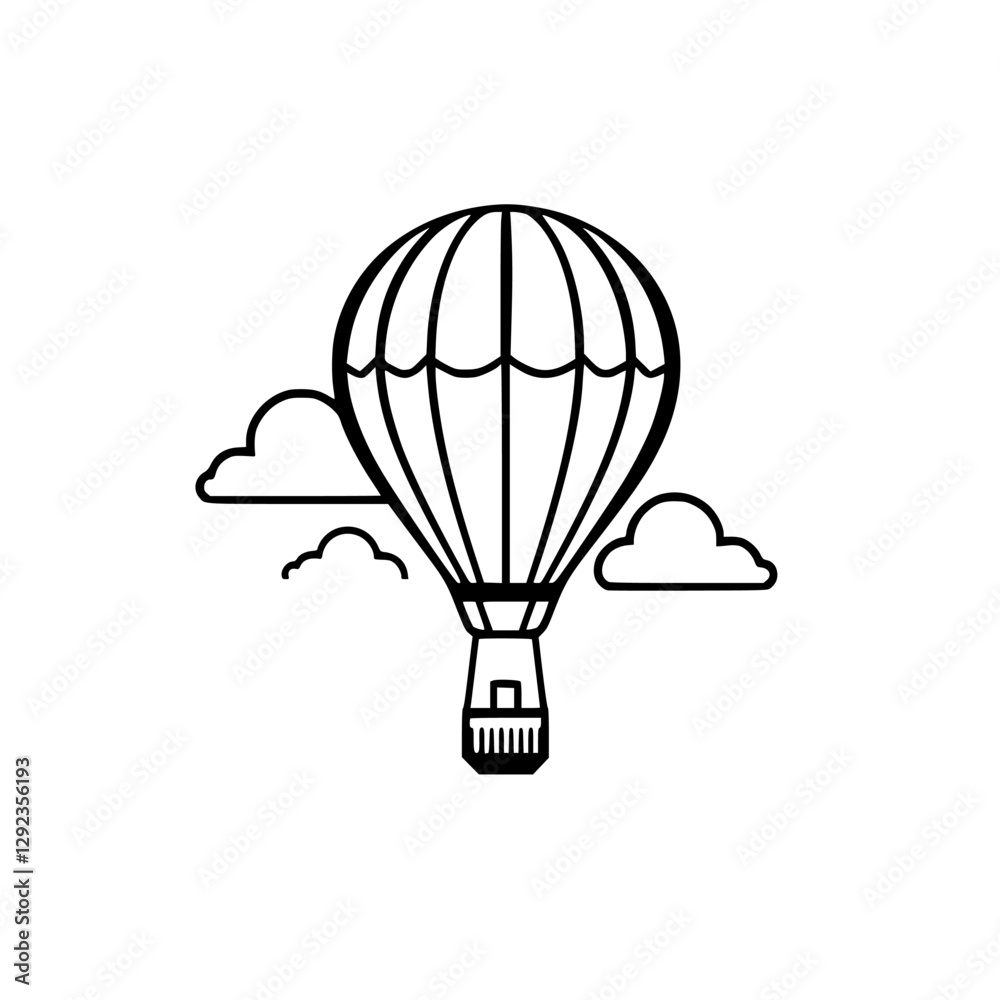 Fototapeta premium Black-and-White Hot Air Balloon with Clouds Composition in a Clean Design Style.