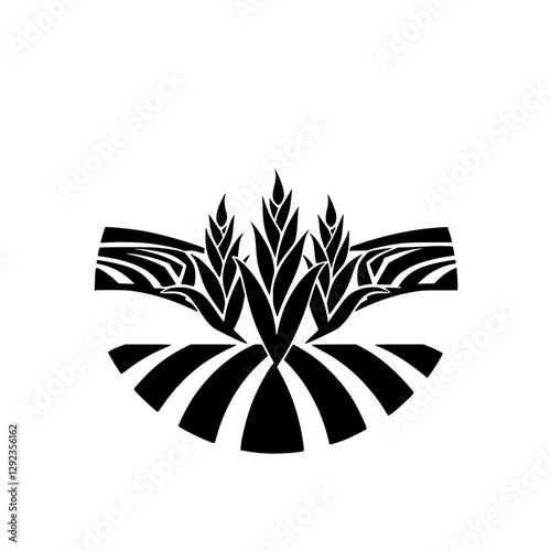 Black and white graphic illustration of wheat fields, the crops of the farmland and fields, with a focus on the crops