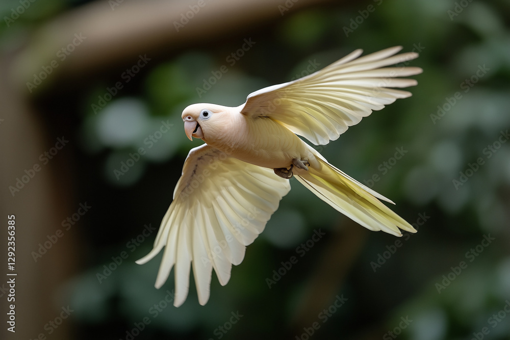 Bird in mid-flight showcasing open wings against a blurred green background in a lush habitat during daytime Bird in mid-flight showcasing open wings against a blurred green background in a lush habitat during daytime