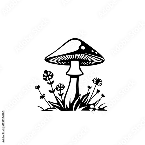 Enchanting mushroom, flowers, and foliage. Minimalist black and white illustration of a mushroom and floral arrangement.