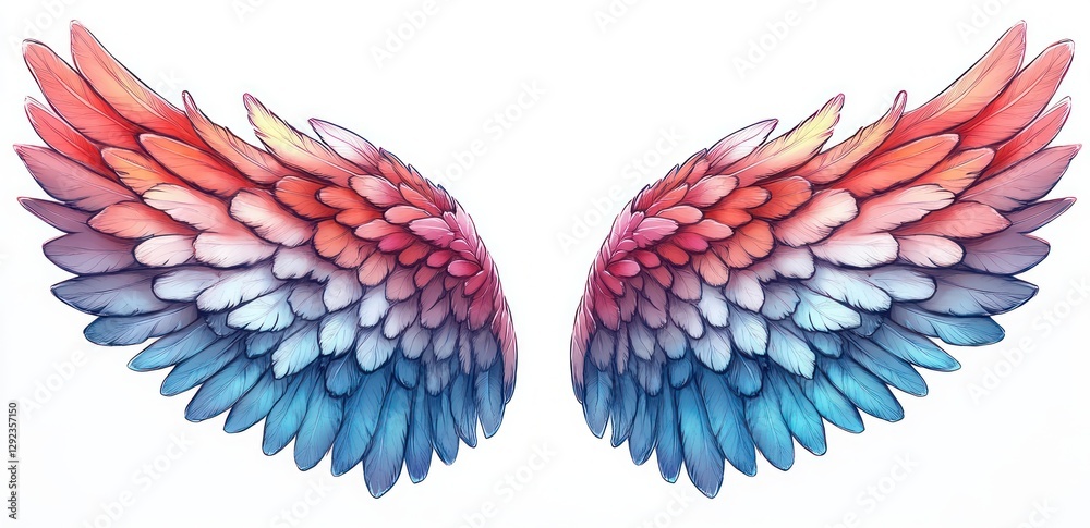 Obraz premium Vibrant Angel Wings Illustration with Detailed Feathers, Ethereal Lighting and Symmetrical Design in Pink and Blue