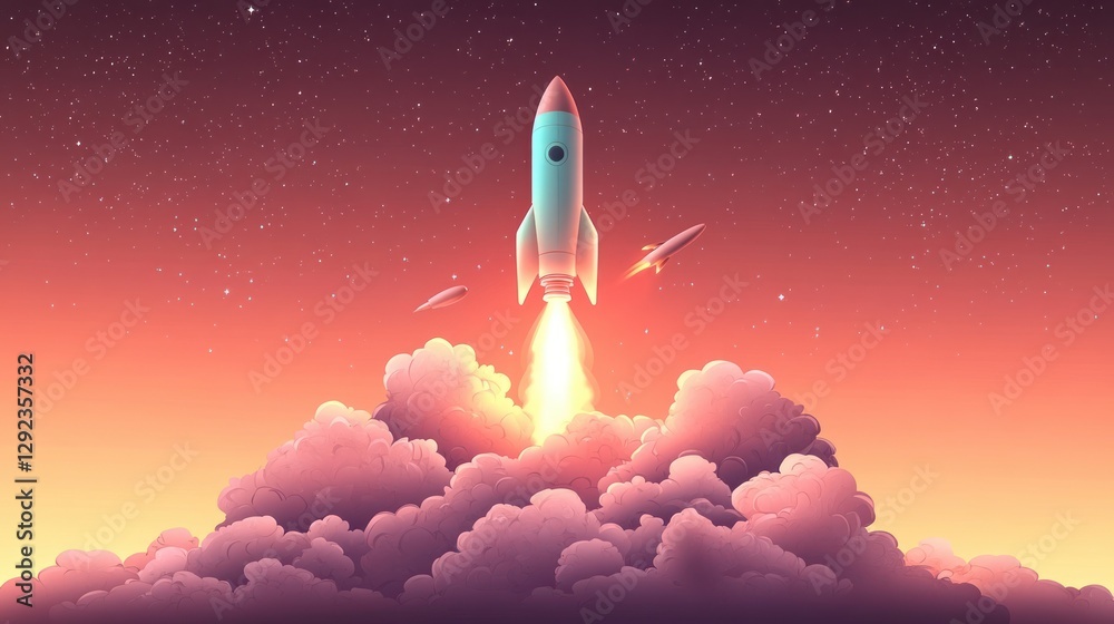 Obraz premium Rocket Launch Illustration in Pastel Sky with Clouds and Stars Dreamy Adventure Concept