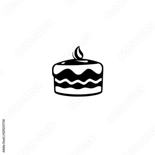 Black and white minimalist illustration of a cake with a topping, showing a candle flame on top.