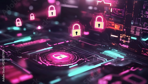 A conceptual illustration cloud security with glowing encrypted visuals and floating padlock icons in a futuristic background.