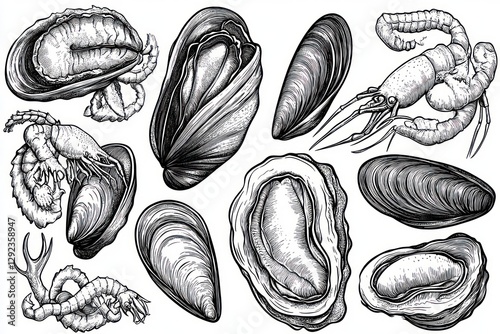 Intricate Black and White Seafood Pattern with Shrimp Mussels and Oysters