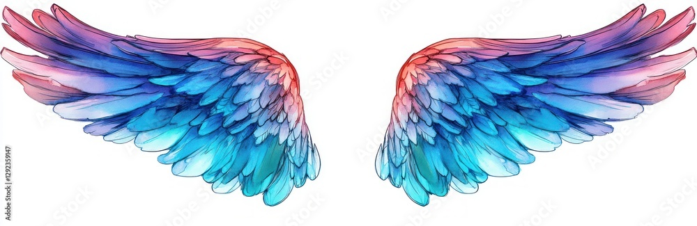 Obraz premium Beautiful angel wings turquoise magenta feathers digital watercolor elegant design
