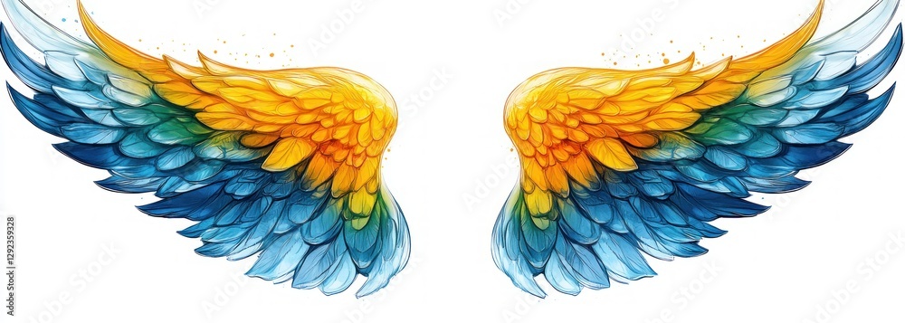 Obraz premium Vibrant Blue Yellow Angel Wings Surreal Illustration