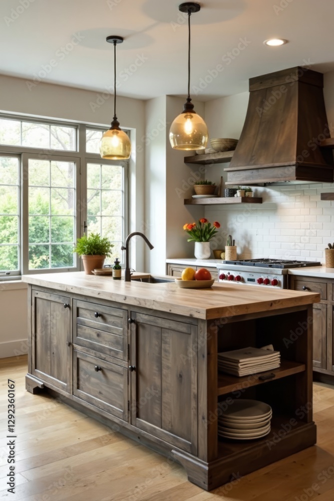 Fototapeta premium Rustic kitchen island doubles as workspace, open shelving, design, cozy, wood