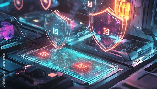 A conceptual illustration secure data storage with holographic glowing shields and encrypted symbols hovering around.