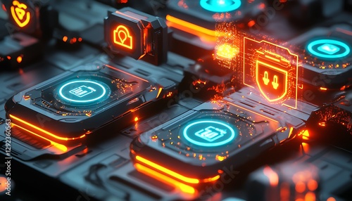 A conceptual image secure IoT devices glowing with encrypted connectivity symbols and holographic protection icons.