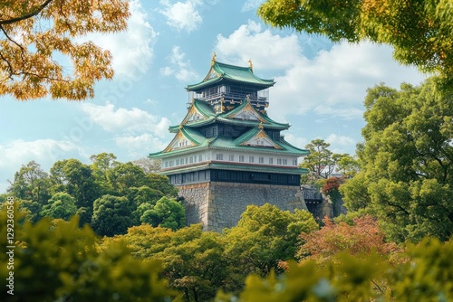 Japanese Castle Surrounded by Lush Greenery in Osaka