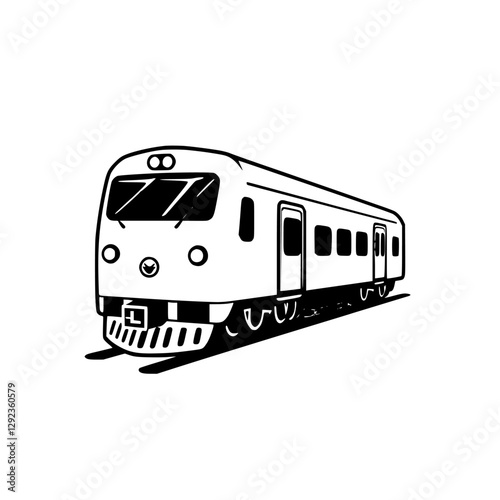 Modern train, illustrated in black and white, depicting a commuter train, with the image of a detailed perspective view.