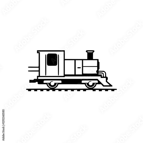 Black and white illustration of a steam train on tracks, vector graphic.