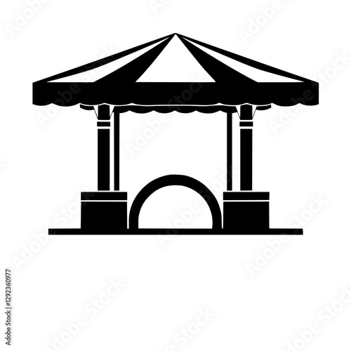 "Monochrome kiosk illustration, stylized by a minimalist design, featuring a classic gazebo in striking black and white, with bold lines."