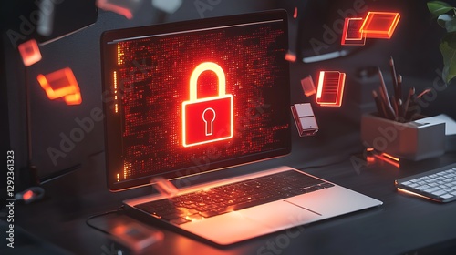 A conceptual rendering ransomware with a glowing red lock icon on a desktop screen and encrypted visuals floating around.