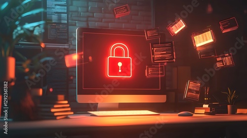 A conceptual rendering ransomware with a glowing red lock icon on a desktop screen and encrypted visuals floating around.