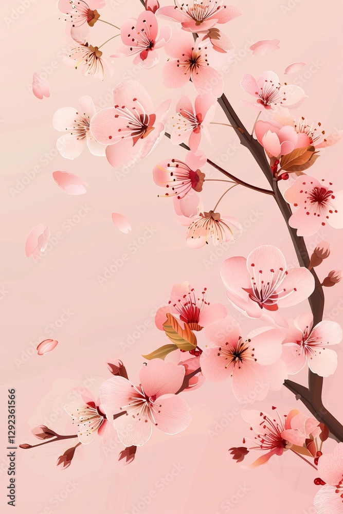 Fototapeta premium Cherry blossom. Sakura. Vector illustration of isolated abstract spring pink cherry blossom twig, flowers, floral frame for poster