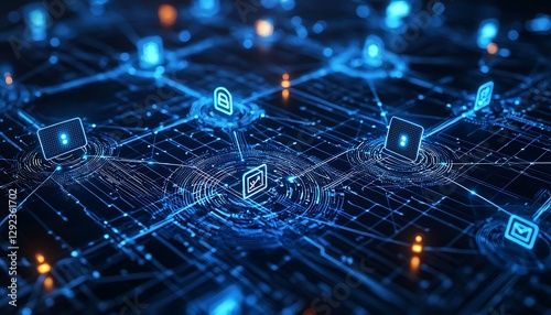 A conceptual representation secure IoT connectivity glowing with futuristic encrypted holographic patterns.