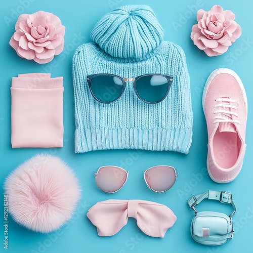 A top view display of female fashion items and accessories in soft pastel tones arranged neatly.