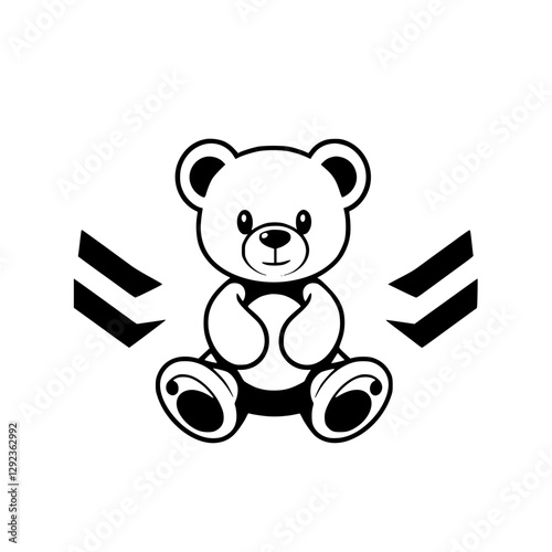 Monochrome illustration of a cute teddy bear sitting, with two opposing arrow-like black shapes on each side.
