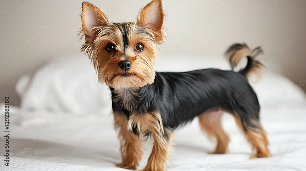 A small black and brown dog is standing on a white bed