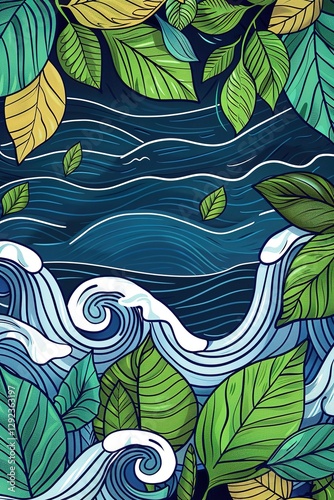 doodle art, Summer background with leaves and waves