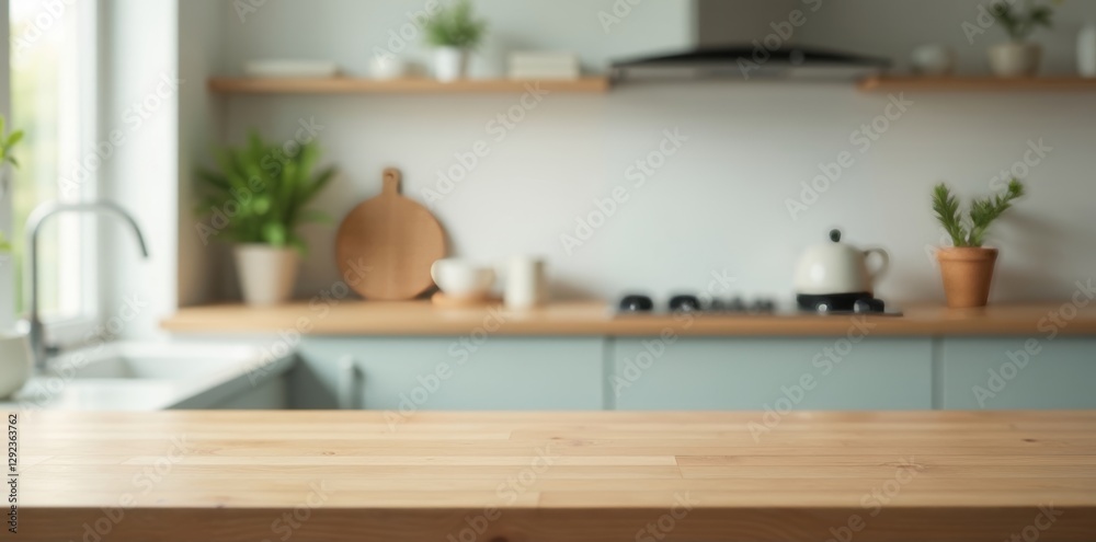 Fototapeta premium Clean empty table in blurred kitchen background , stock, shadow, design
