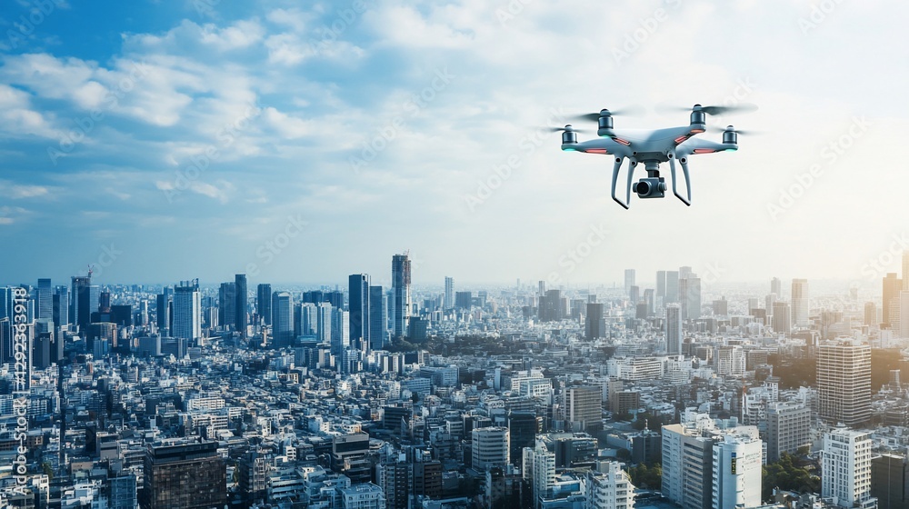 Drone flying above a vast urban cityscape on a partly cloudy day with skyscrapers and buildings Drone flying above a vast urban cityscape on a partly cloudy day with skyscrapers and buildings