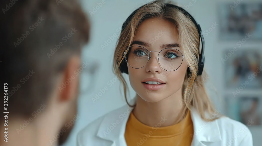 Fototapeta premium Woman with glasses and headphones listening attentively in a professional setting with a white coat. Generated with AI.