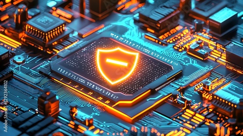 A futuristic illustration a shield icon glowing on a circuit board surrounded by holographic security visuals.