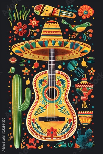 illustrations of guitar, maracas, sombrero hat, ornament, Mexican pattern, cactus for background, greeting card or poster