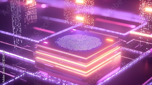A futuristic rendering a fingerprint scanner glowing with success indicators and floating verification layers.
