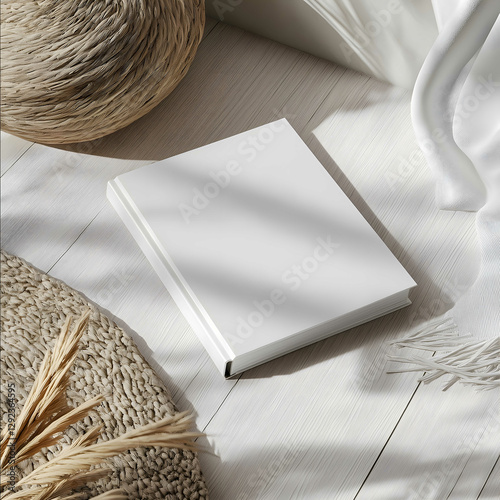 mockup of softcover book din a5 with rounded corners laying in trendy teenagers room from above bright cosy
