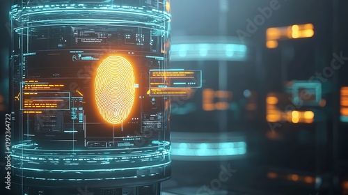A futuristic rendering a fingerprint scanner glowing with success indicators and floating verification layers.