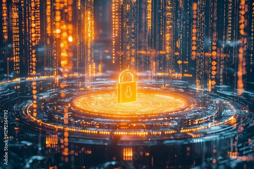 A futuristic rendering a glowing lock surrounded by cascading binary patterns and encrypted layers protection.