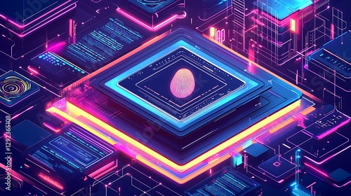 A futuristic rendering a glowing fingerprint scanner surrounded by cascading verification layers and holographic designs.