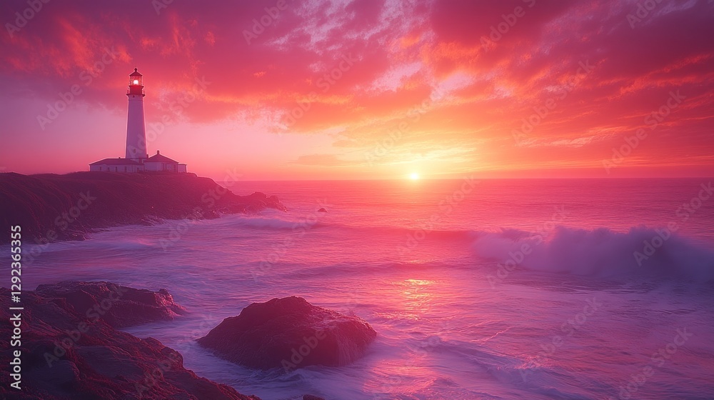 Fototapeta premium Dramatic pink sunset over ocean with lighthouse.