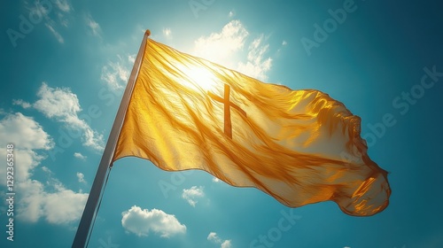 Close-up of Christian Flag Waving in Wind Against Blue Sky