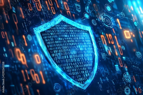 A futuristic rendering a shield icon surrounded by floating binary code and digital security symbols.