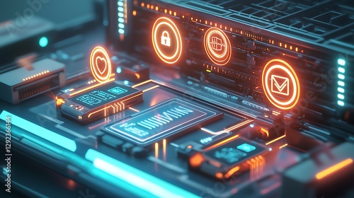 A futuristic rendering cloud storage security with glowing icons and encrypted visuals surrounding a server rack.