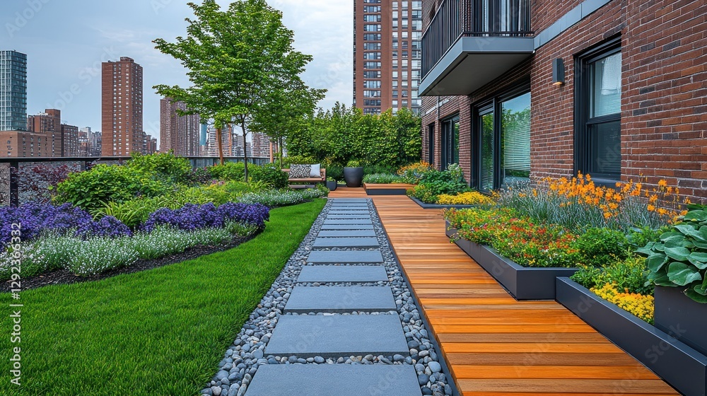 Fototapeta premium Rooftop garden path with flowers, plants, and modern building backdrop.
