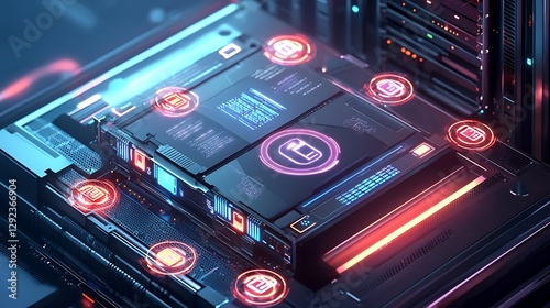 A futuristic rendering cloud storage security with glowing icons and encrypted visuals surrounding a server rack.