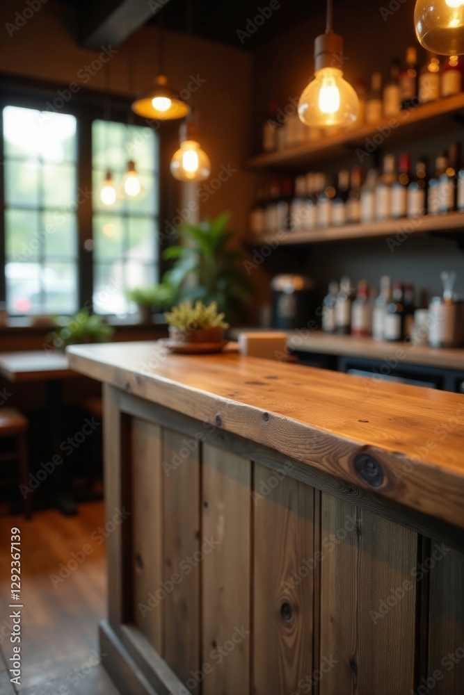 Fototapeta premium Rustic wood reception counter, blurred restaurant backdrop, business, brown, service