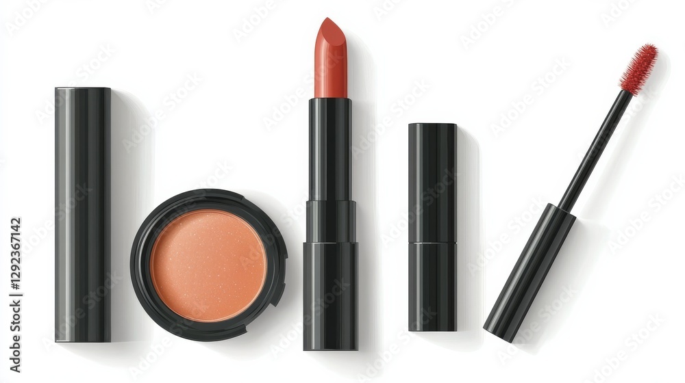 A sophisticated makeup collection featuring lipstick, mascara, and blush in a coral shade.