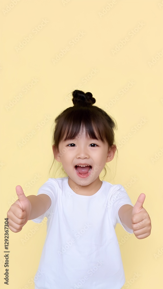 Smiling Toddler Giving Double Thumbs-Up. Cute 2-Year-Old Girl on Pastel Yellow Smiling Toddler Giving Double Thumbs-Up. Cute 2-Year-Old Girl on Pastel Yellow
