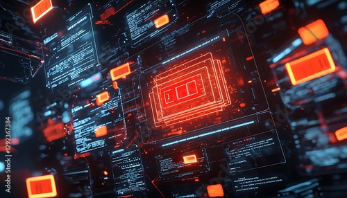 A futuristic rendering ransomware with glowing locked files and red warning visuals floating in a cyber interface.