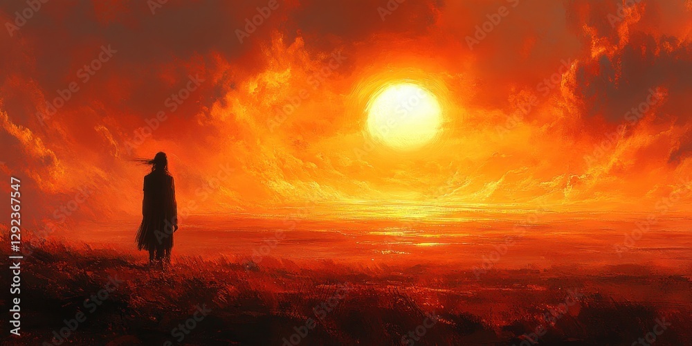 Obraz premium Surreal Landscape Glowing Horizon Dramatic Shadows Warm Orange Black Color Palette