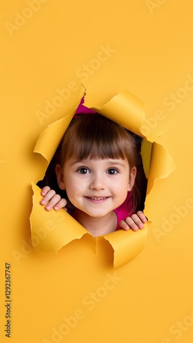 Excited Toddler Girl Peeking Through Torn Paper, Wide-Eyed and Curious, Colorful Backdrop. Great for Social Media