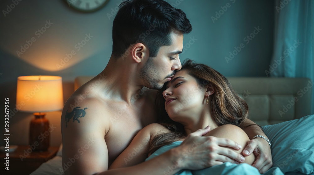 Fototapeta premium Romantic morning in bed with loving couple embracing