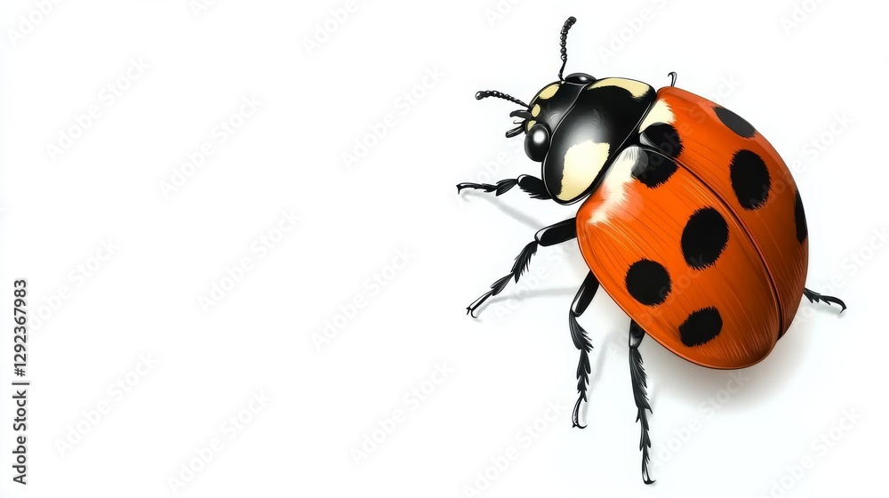 A detailed illustration of a ladybug with black spots on a bright red shell, against a clean white background.